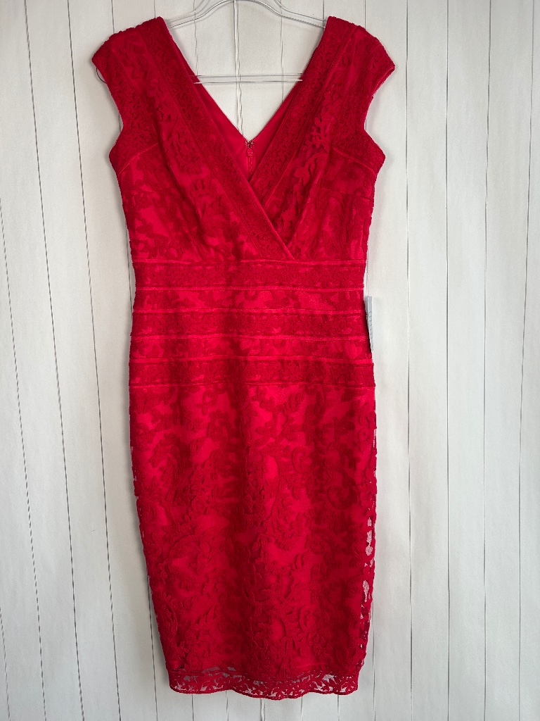 Tadashi Shoji Size 12 Caria Sheath Dress Red Embroidered Lace V-Neck Knee Length